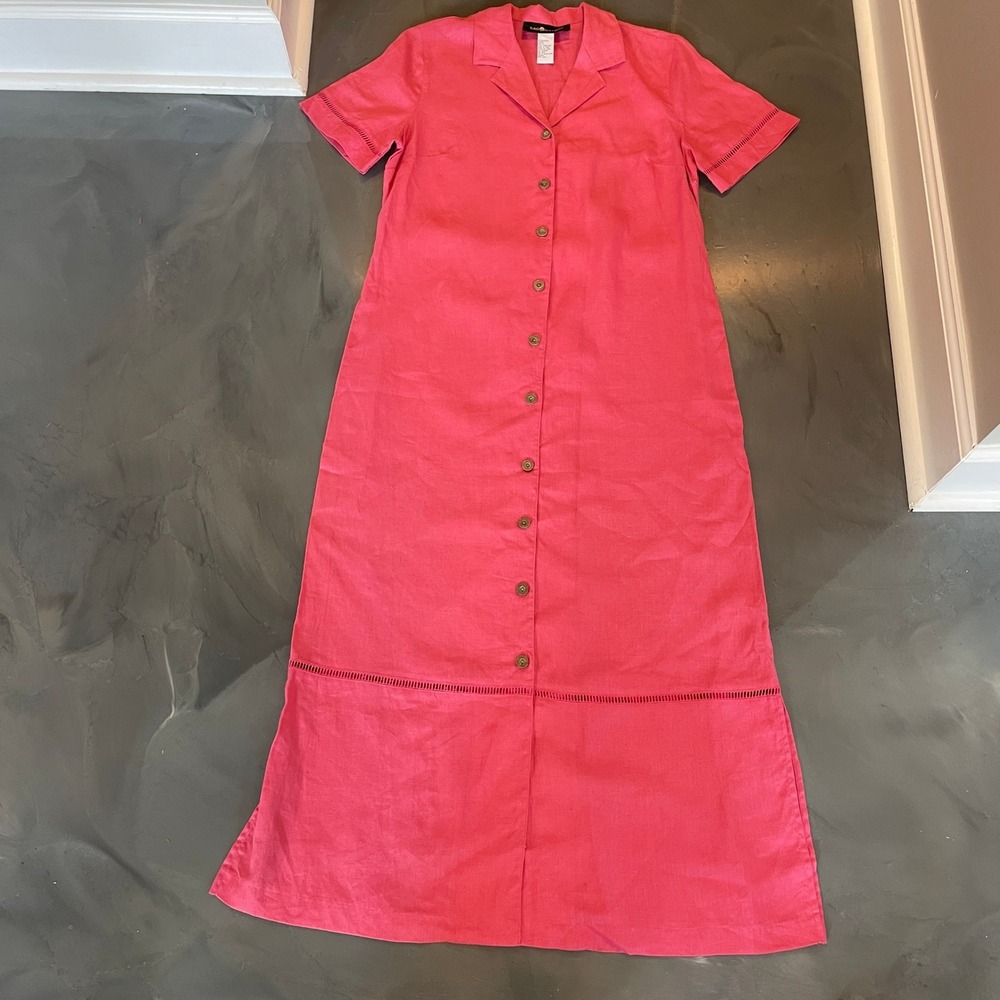 Sag Harbor Womens Pink Linen Button Front Maxi Dress Size 10 Coastal Resort